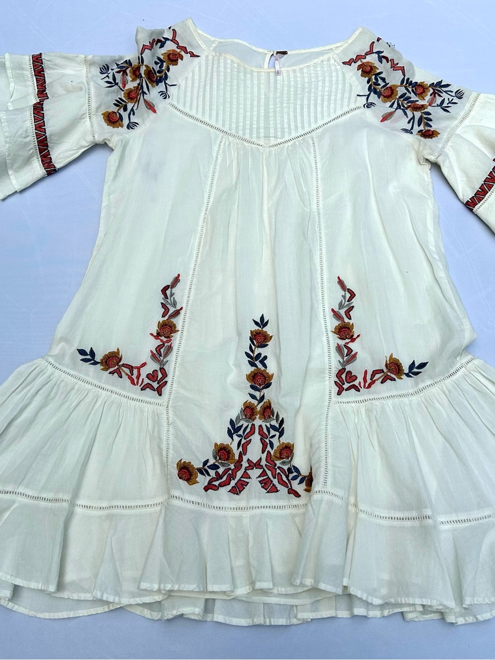 Free People Cream Mini Dress with Red, Gold & Navy Floral Embroidery